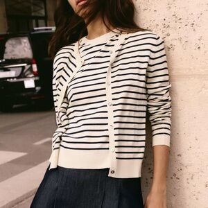 Zara Preppy Black & Cream Striped Button Down Cardigan Boxy Crop Size Medium